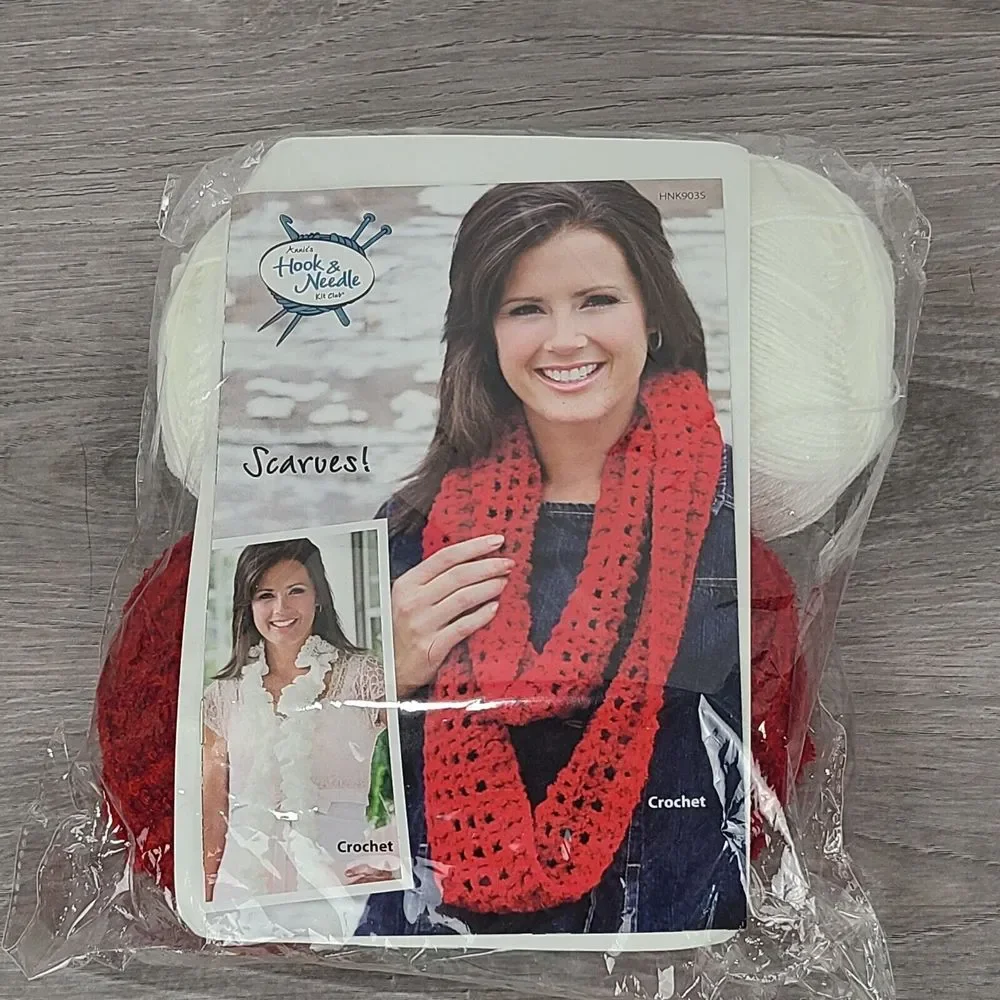 Annie’s Attic Hook & Needle Kit Club Crochet 2 Scarves HNK9035 Red White
